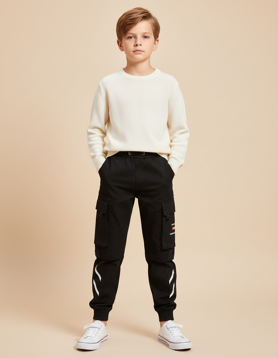 Pantalon Noir Cargo Coton Poches Garçon Streetwear