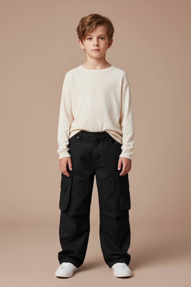 Pantalon Noir Cargo Ample Coton Garçon - Toile