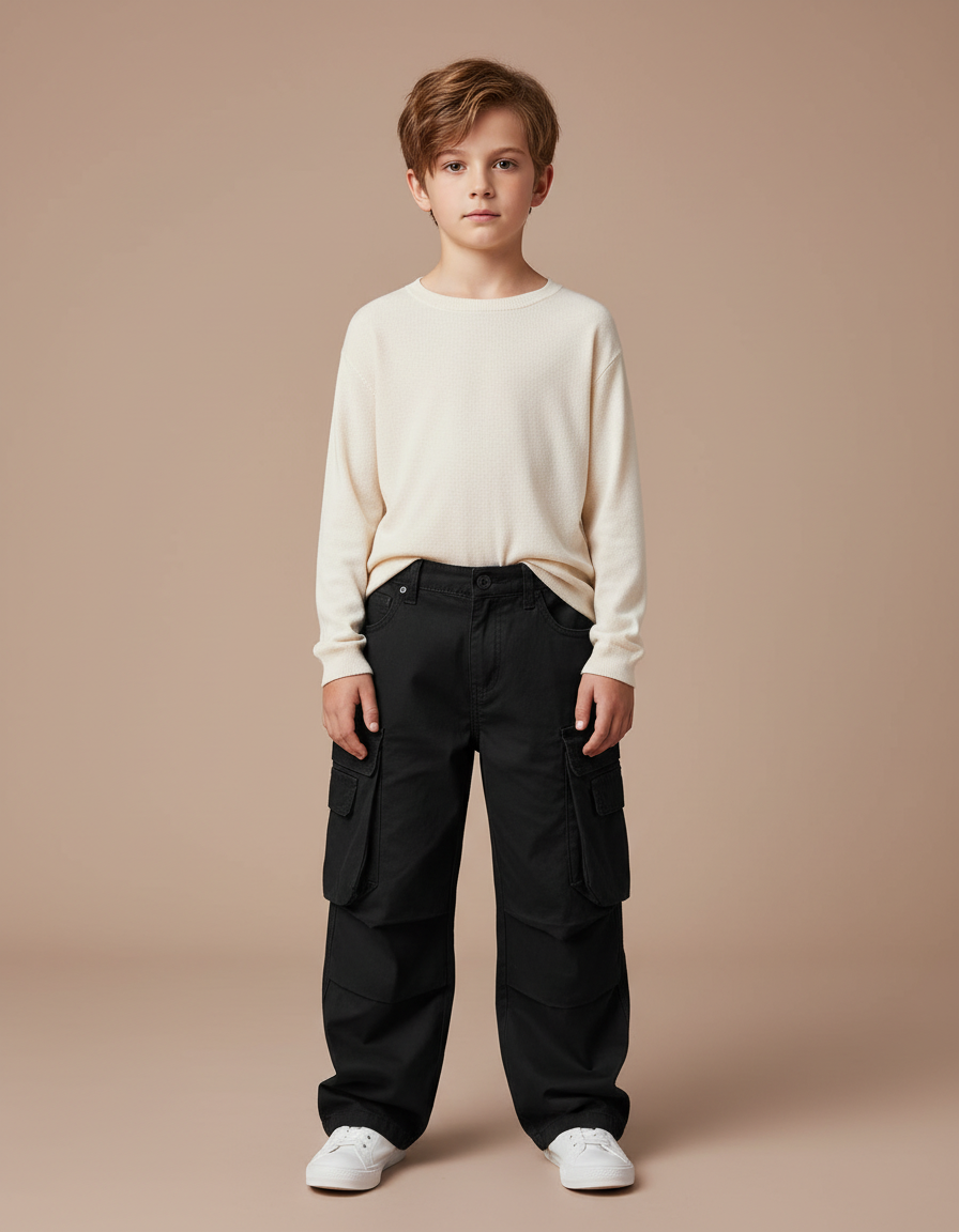 Pantalon Noir Cargo Ample Coton Garçon - Toile