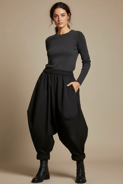 Pantalon Noir Harem Ample Décontracté Fluide - Gabardine