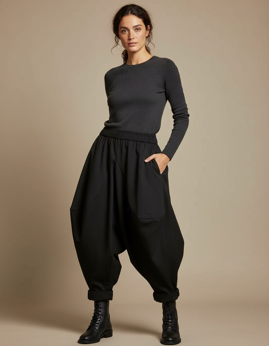 Pantalon Noir Harem Ample Décontracté Fluide - Gabardine