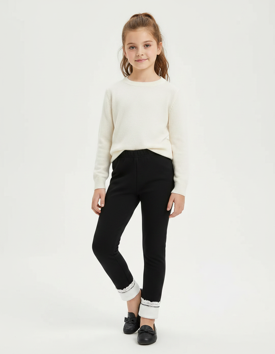 Pantalon Noir Doublé Chaud Fille Dentelle - Molleton