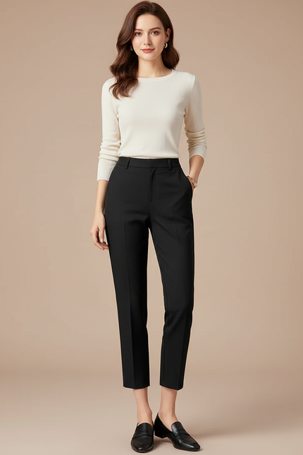 Pantalon Noir Cigarette Taille Haute Décontracté Élégant - Gabardine
