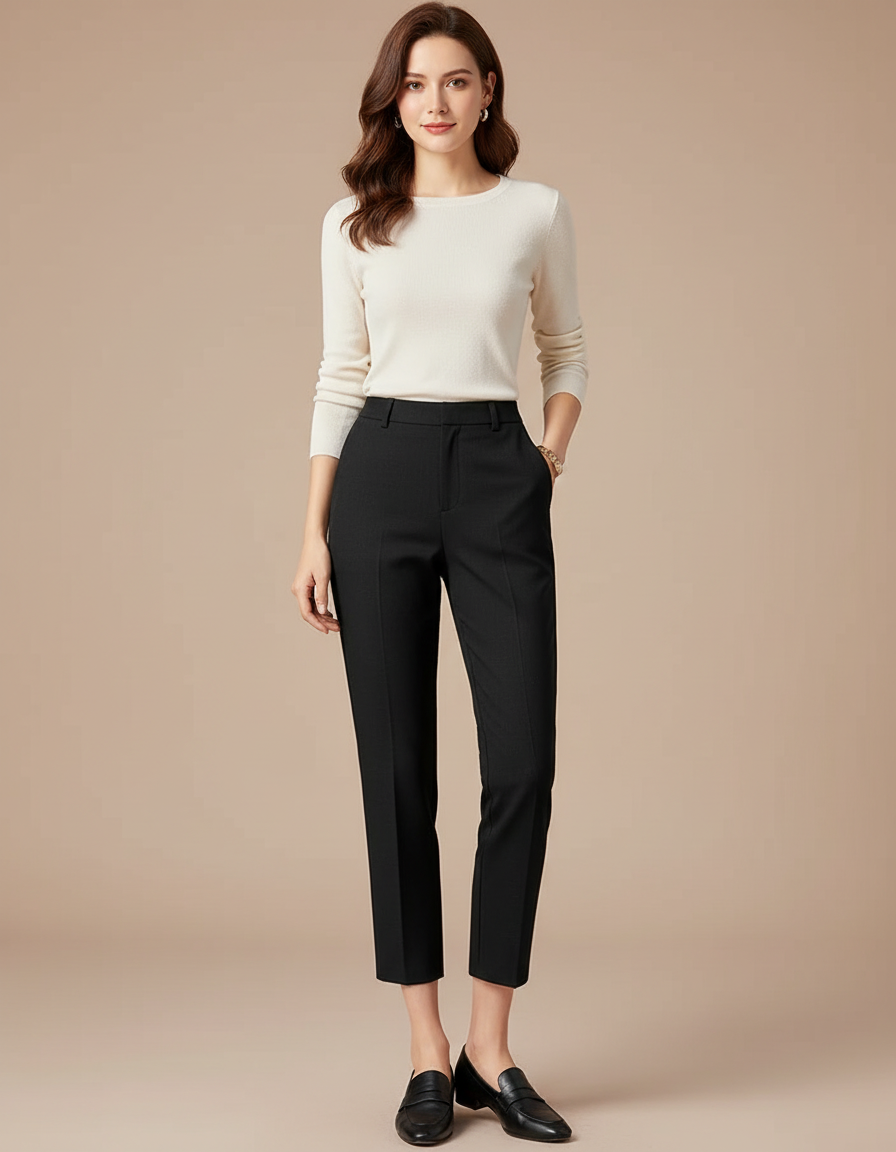 Pantalon Noir Cigarette Taille Haute Décontracté Élégant - Gabardine