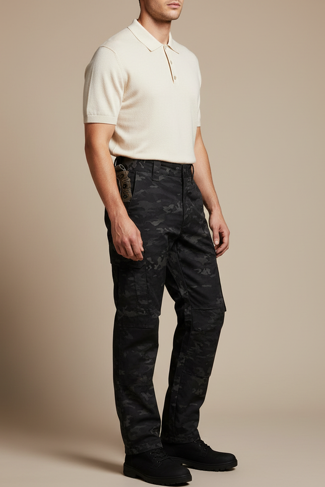 Pantalon Noir Camouflage Multi-poches Décontracté Homme - Toile