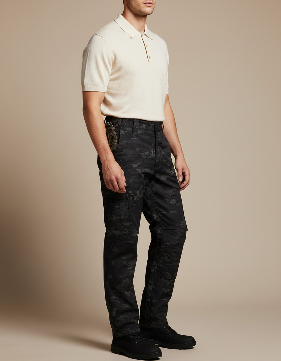 Pantalon Noir Camouflage Multi-poches Décontracté Homme - Toile