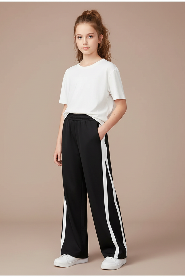 Pantalon Noir Large Rayures Blanches Enfant Sport - Polyester