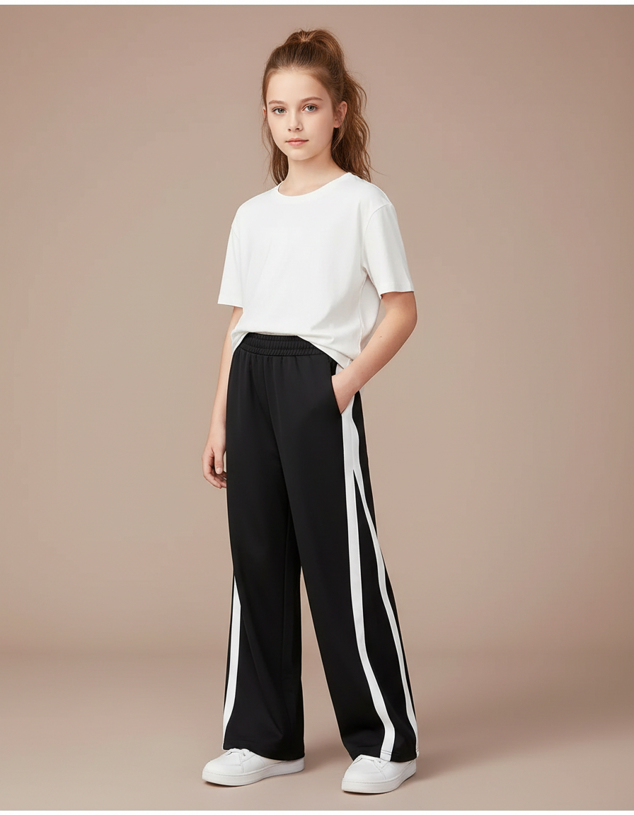 Pantalon Noir Large Rayures Blanches Enfant Sport - Polyester