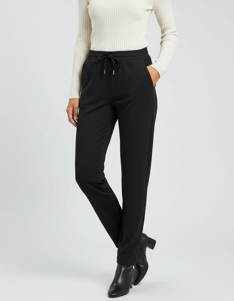 Pantalon Noir Cordon Fluide Décontracté Élégant - Polyester