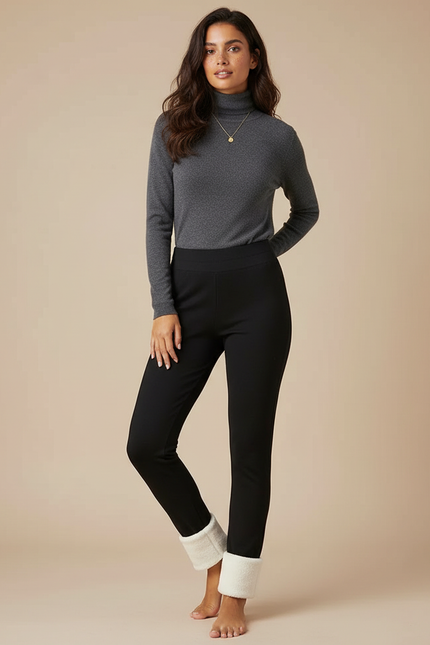 Pantalon Noir Slim Doublé Polaire Chaud Femme - Polyester