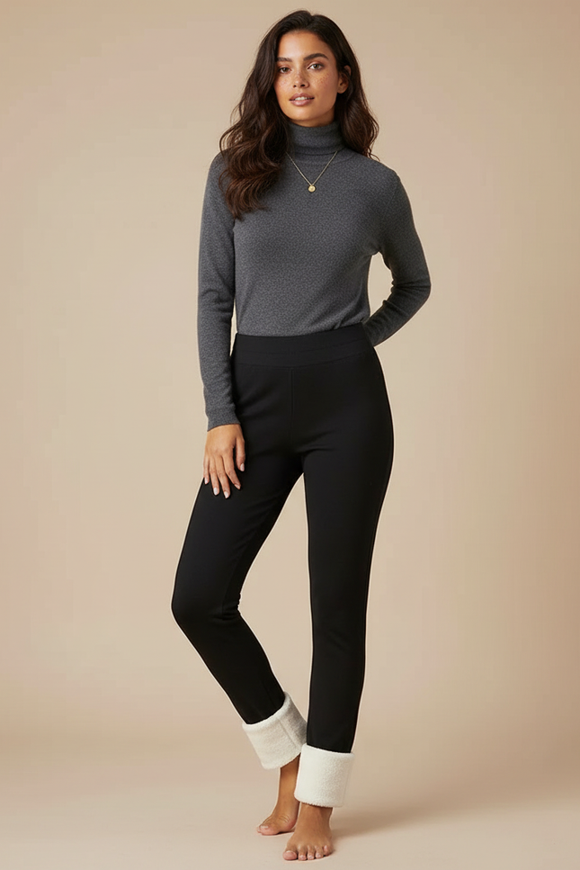 Pantalon Noir Slim Doublé Polaire Chaud Femme - Polyester