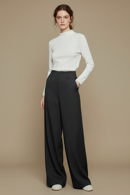 Pantalon Noir Femme Ample Taille Haute Élégant - Gabardine