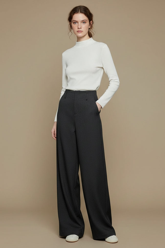 Pantalon Noir Femme Ample Taille Haute Élégant - Gabardine