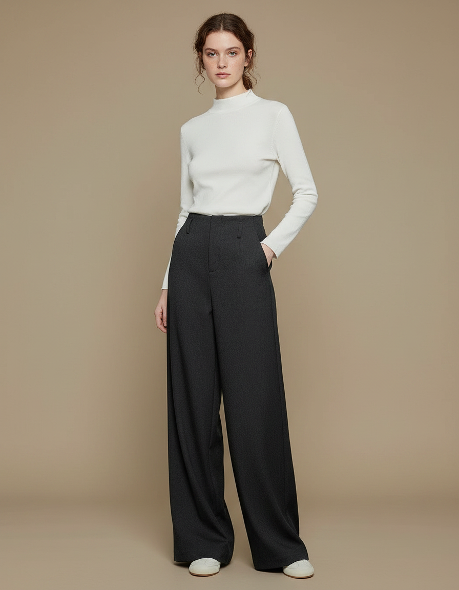 Pantalon Noir Femme Ample Taille Haute Élégant - Gabardine