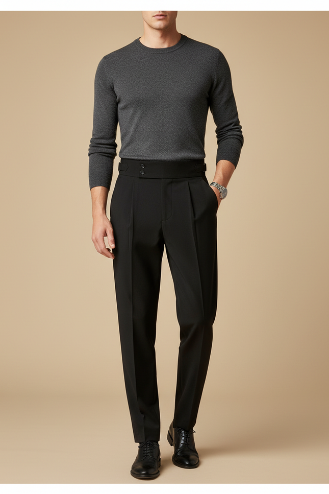 Pantalon Noir Plissé Taille Haute Ajusté Homme - Gabardine