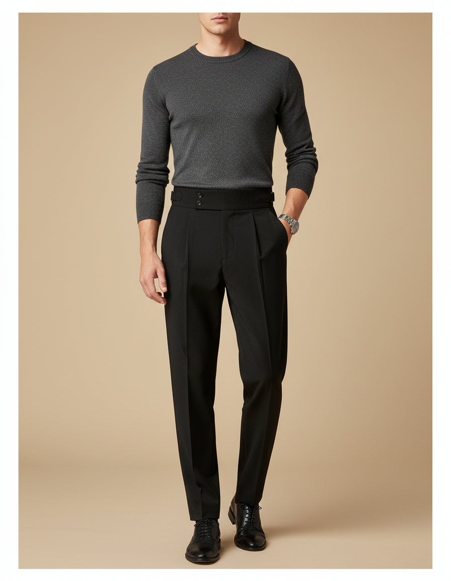 Pantalon Noir Plissé Taille Haute Ajusté Homme - Gabardine