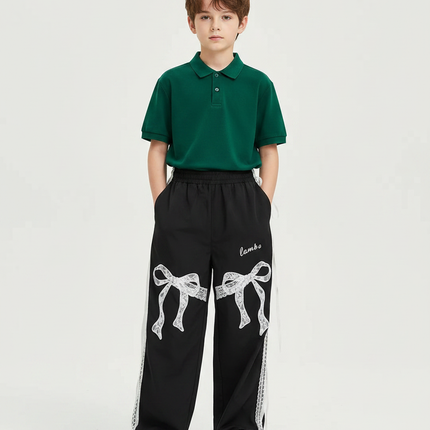 Pantalon Noir Ample Dentelle Nœuds Garçon Fille - Polyester