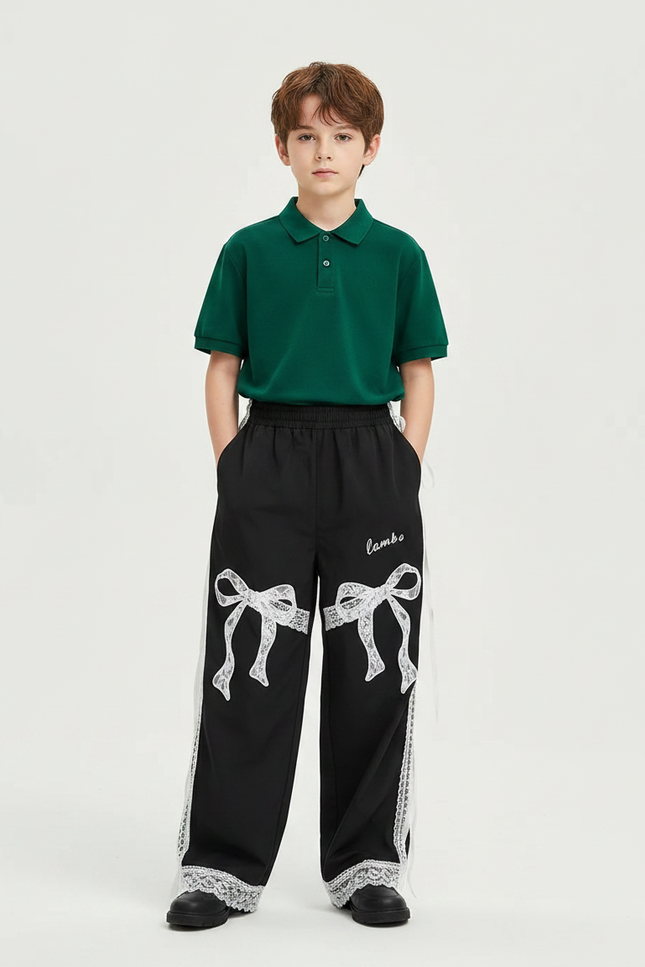 Pantalon Noir Ample Dentelle Nœuds Garçon Fille - Polyester