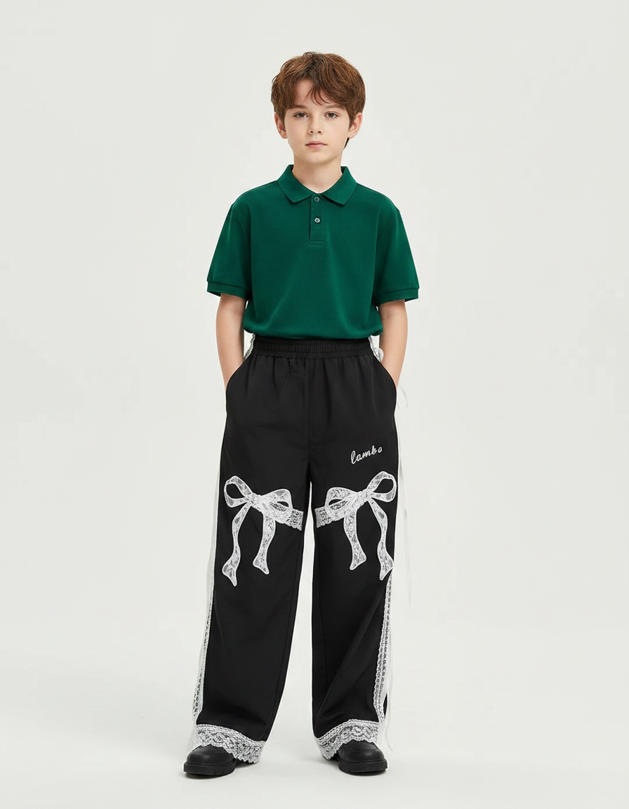 Pantalon Noir Ample Dentelle Nœuds Garçon Fille - Polyester