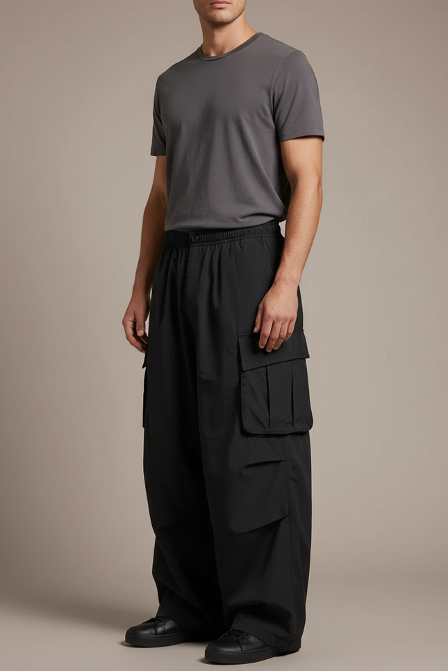 Pantalon Noir Homme Cargo Ample Décontracté Moderne - Polyester