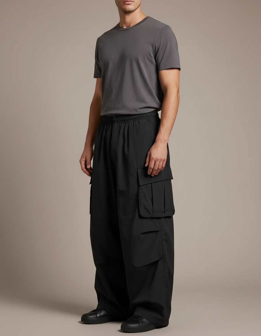 Pantalon Noir Homme Cargo Ample Décontracté Moderne - Polyester