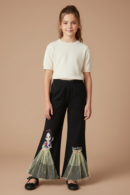 Pantalon Noir Fille Évasé Imprimé Disney Tulle - Maille