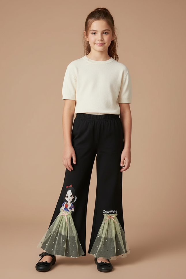 Pantalon Noir Fille Évasé Imprimé Disney Tulle - Maille