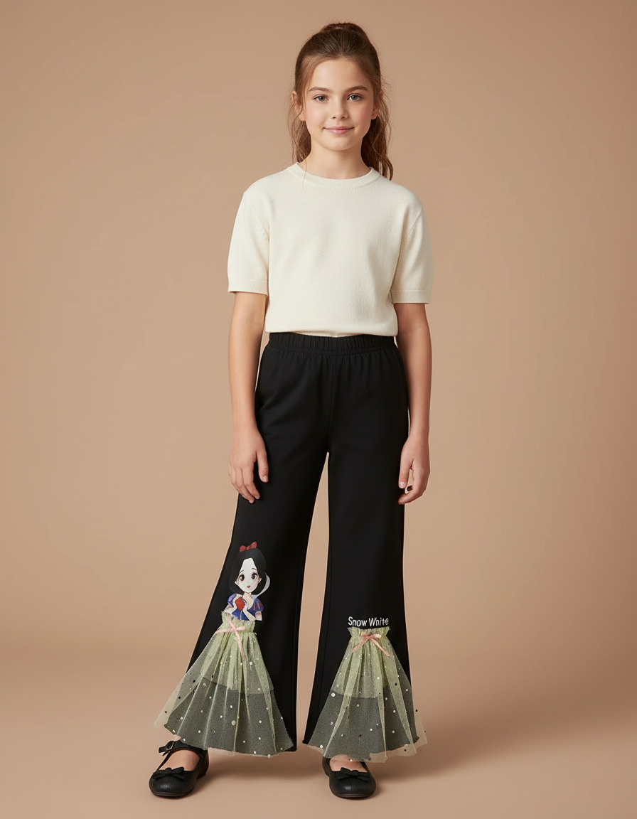 Pantalon Noir Fille Évasé Imprimé Disney Tulle - Maille