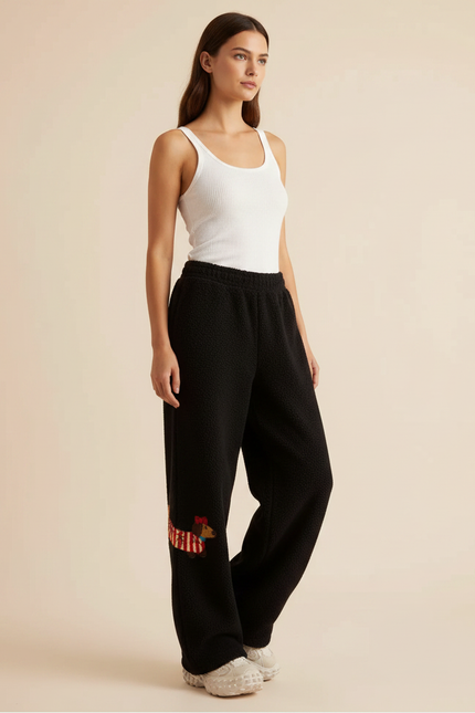Pantalon Noir Molletonné Chien Hiver Confortable Ample