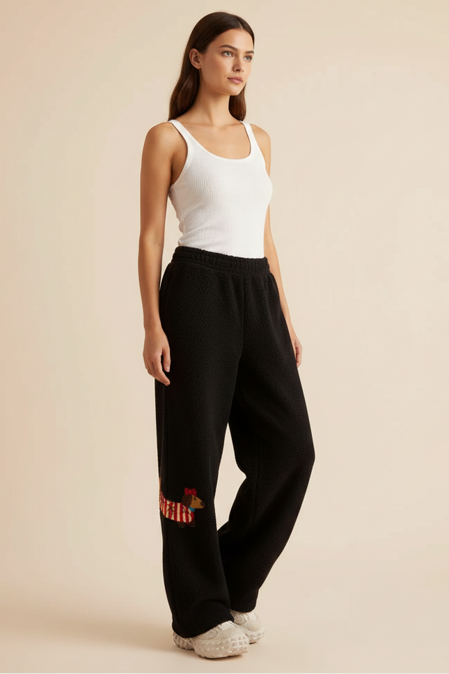 Pantalon Noir Molletonné Chien Hiver Confortable Ample
