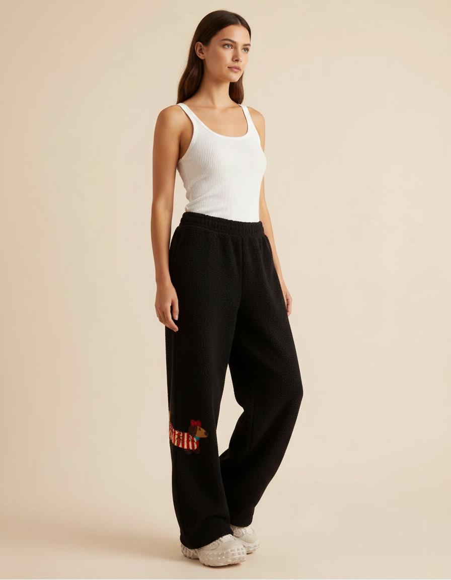 Pantalon Noir Molletonné Chien Hiver Confortable Ample