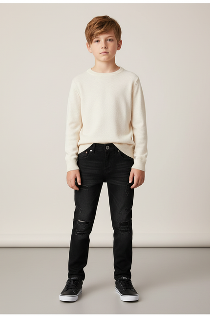 Pantalon Noir Jean Déchiré Garçon Slim Tendance