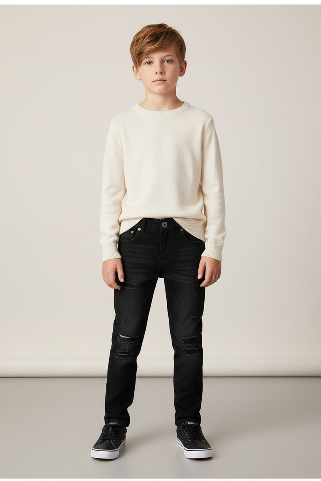 Pantalon Noir Jean Déchiré Garçon Slim Tendance