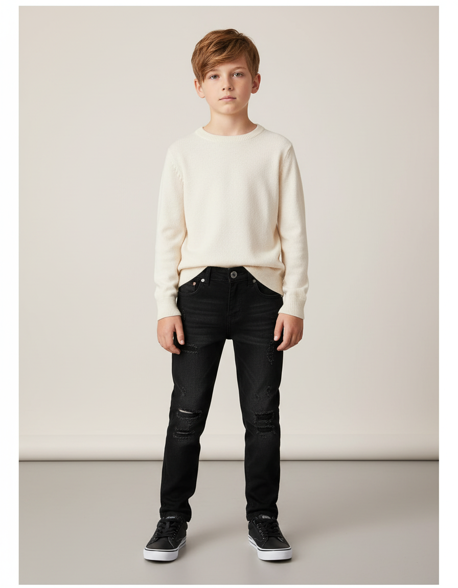 Pantalon Noir Jean Déchiré Garçon Slim Tendance