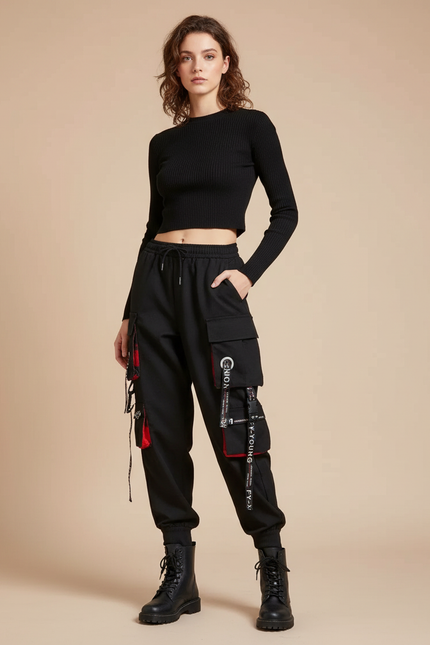 Pantalon Noir Cargo Punk Streetwear Femme Chaîne - Gabardine