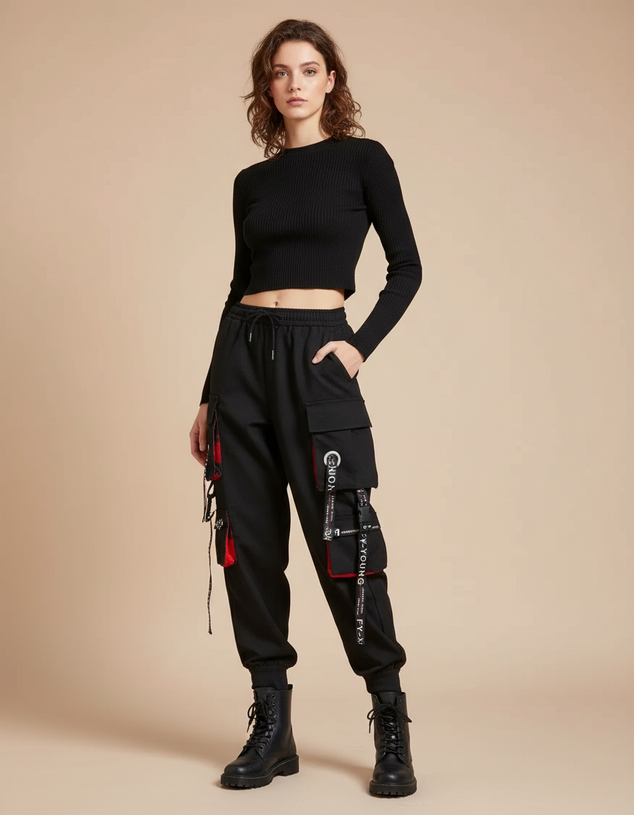 Pantalon Noir Cargo Punk Streetwear Femme Chaîne - Gabardine