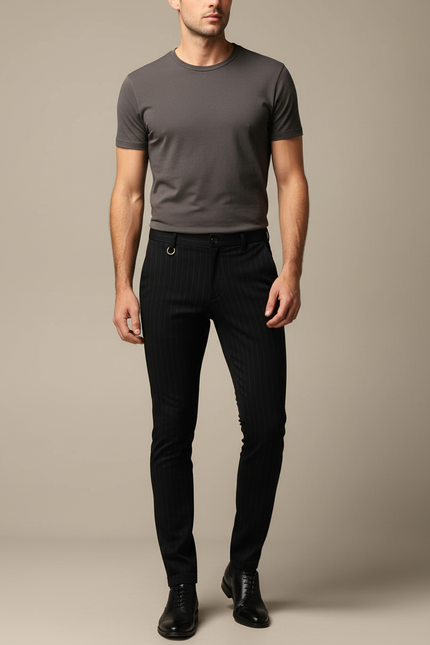Pantalon Noir Slim Pinstripe Habillé Homme - Laine