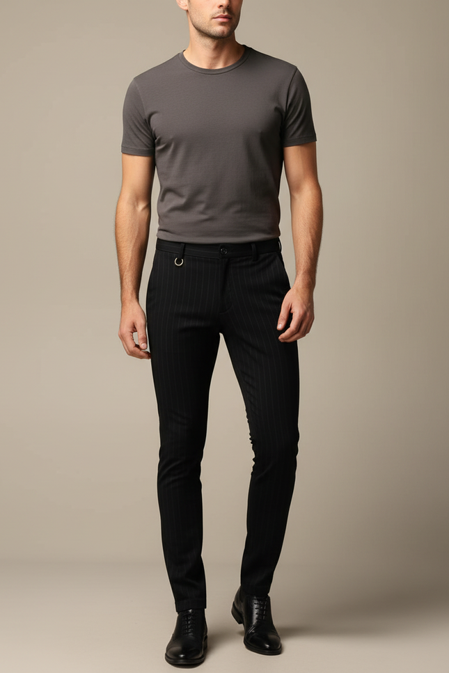 Pantalon Noir Slim Pinstripe Habillé Homme - Laine