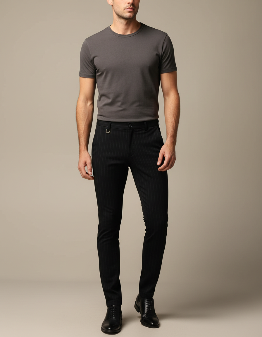 Pantalon Noir Slim Pinstripe Habillé Homme - Laine