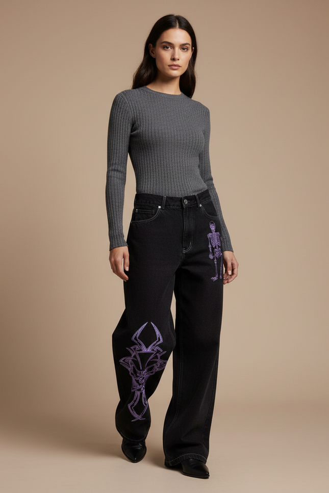 Pantalon Noir Ample Brodé Squelette Streetwear - Jean