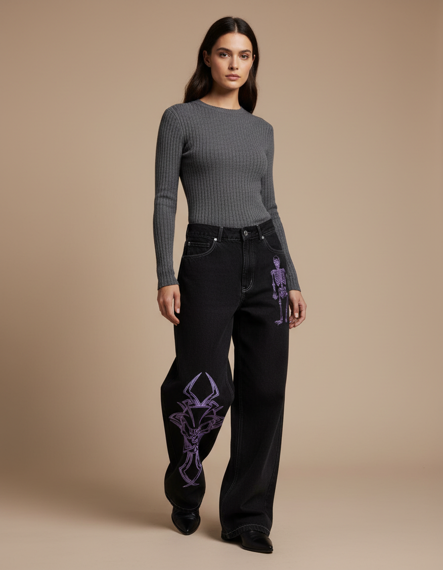 Pantalon Noir Ample Brodé Squelette Streetwear - Jean