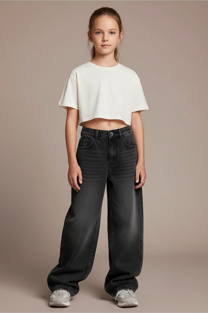 Pantalon Noir Jean Ample Décontracté Fille