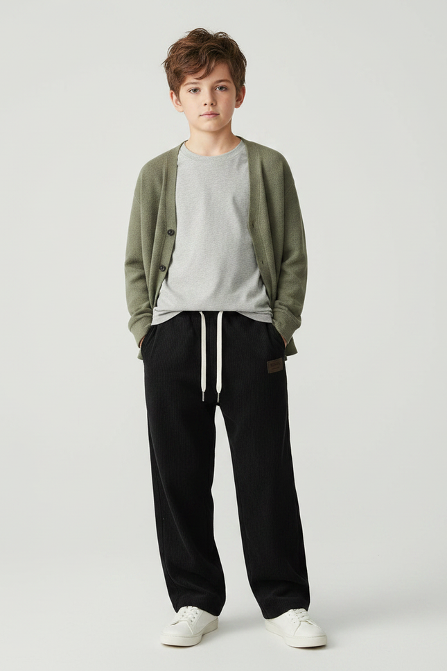 Pantalon Noir Côtelé Ample Décontracté Confortable - Cordé