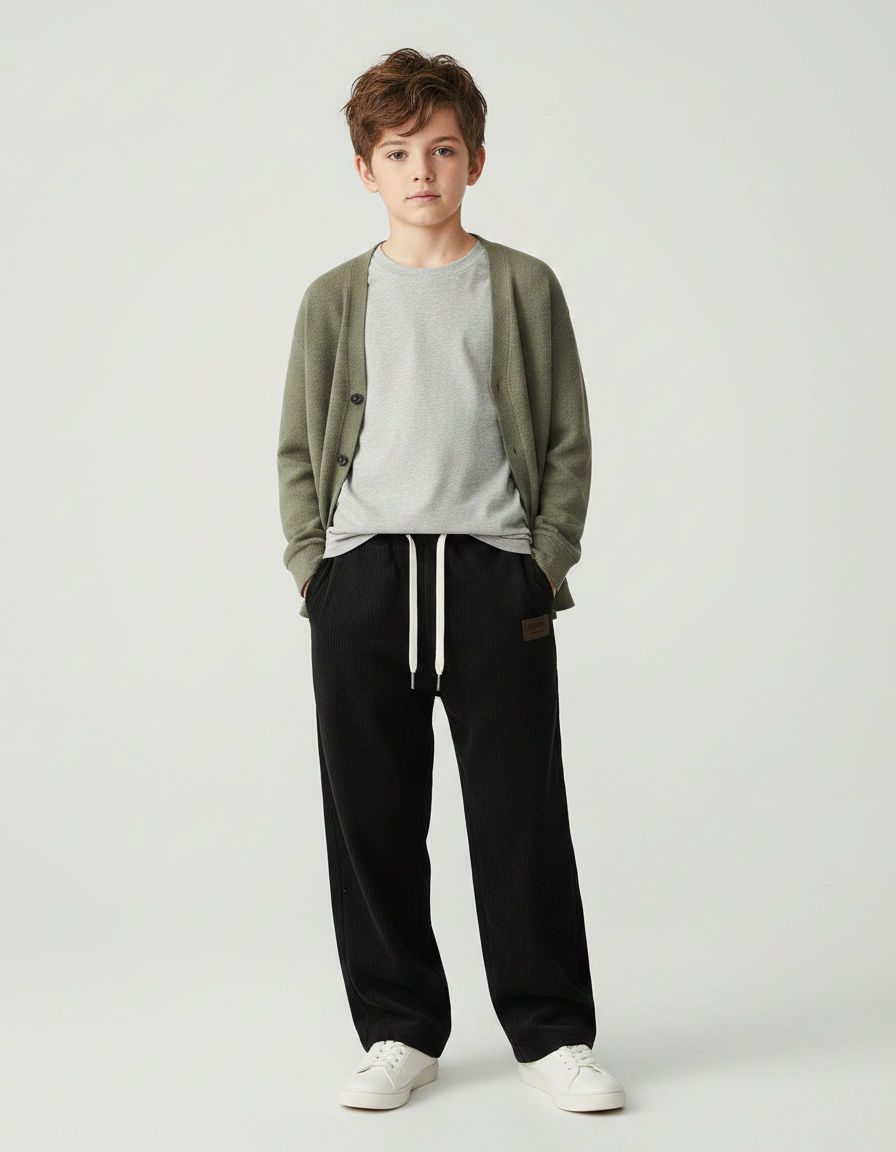 Pantalon Noir Côtelé Ample Décontracté Confortable - Cordé