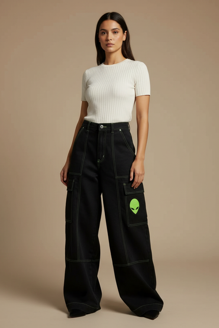 Pantalon Noir Cargo Ample Alien Brodé - Jean