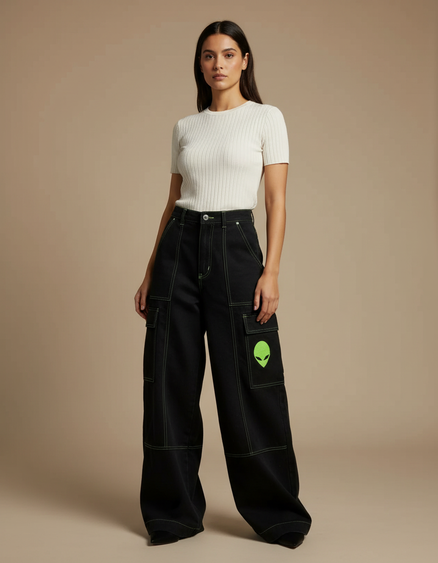 Pantalon Noir Cargo Ample Alien Brodé - Jean
