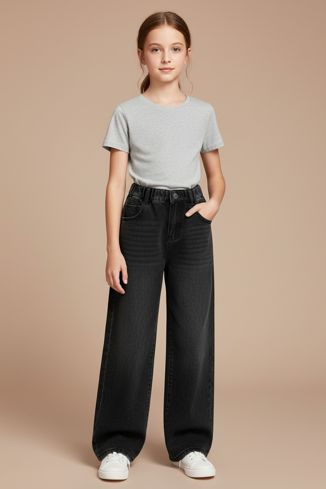 Pantalon Noir Large Denim Fille Décontracté - Jean