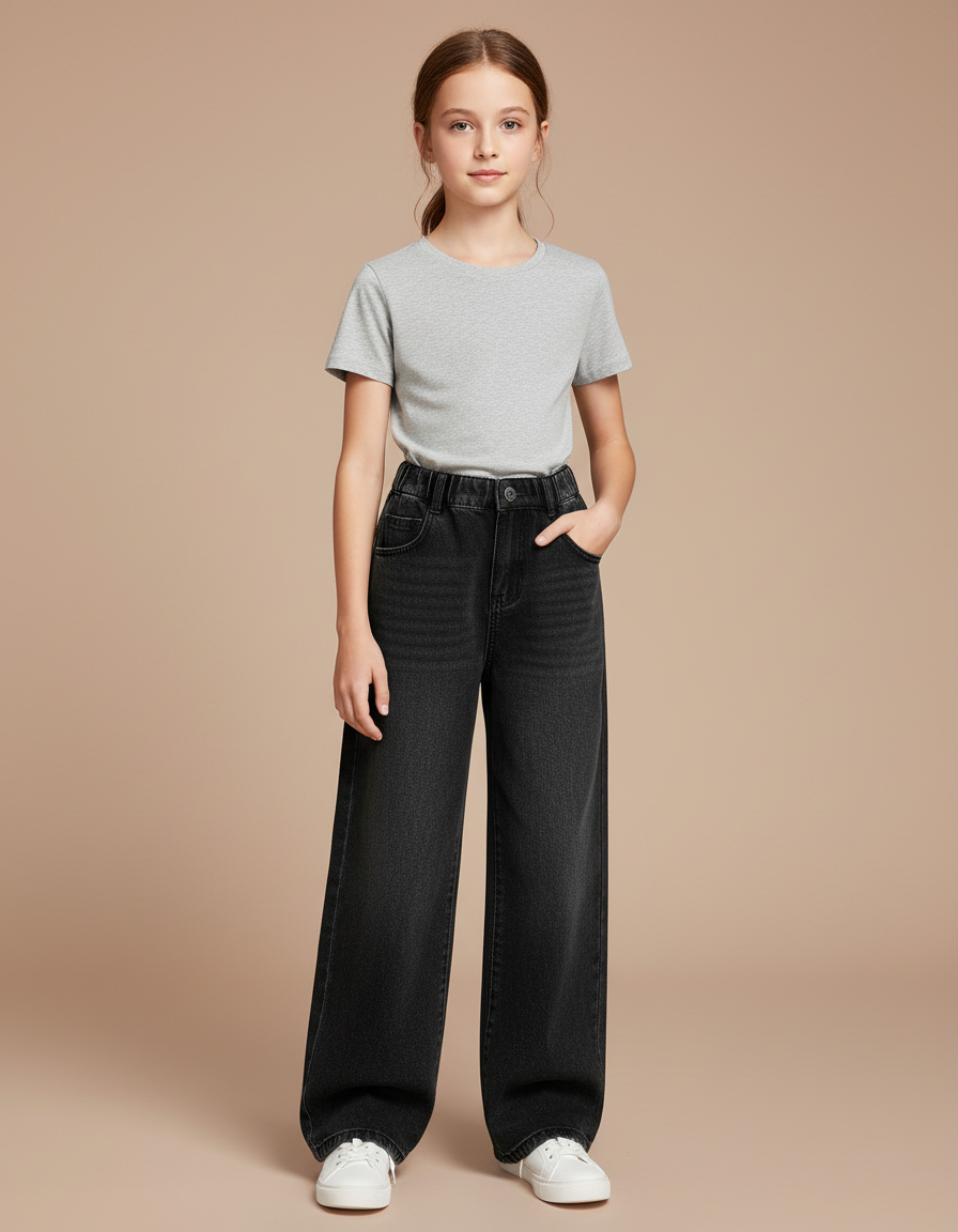 Pantalon Noir Large Denim Fille Décontracté - Jean
