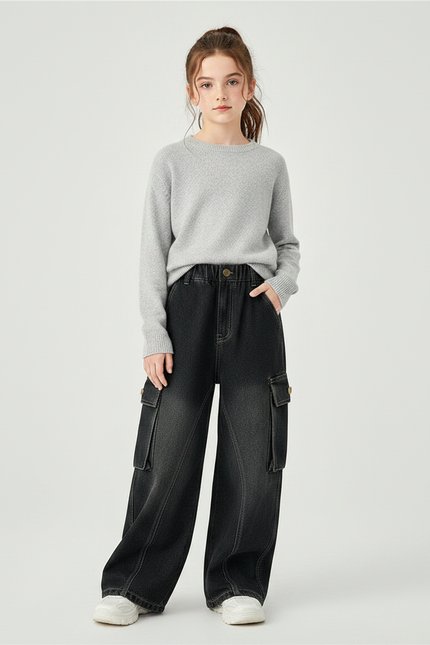 Pantalon Noir Ample Cargo Fille Décontracté Adolescent - Jean