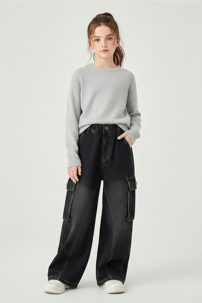 Pantalon Noir Ample Cargo Fille Décontracté Adolescent - Jean
